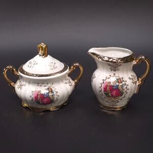 MCM Japanese Porcelain Sugar & Creamer Set Gold Trim Romantic Courting Scene